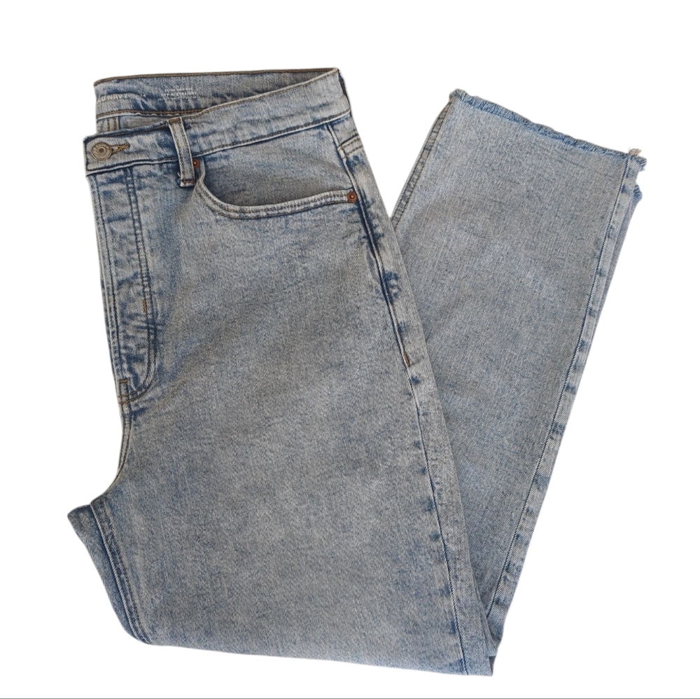Old Navy Extra High-Waist Button-Fly Sky-Hi Straight Raw Hem Denim Jeans 14 Blue